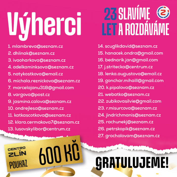 Gratulujeme výhercům v soutěži s CENTRO Zlín!