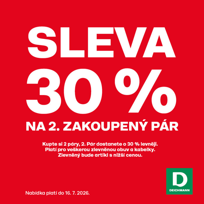 Sleva 30 % na 2. zakoupený pár. Akce platí na zlevněnou obuv a kabelky